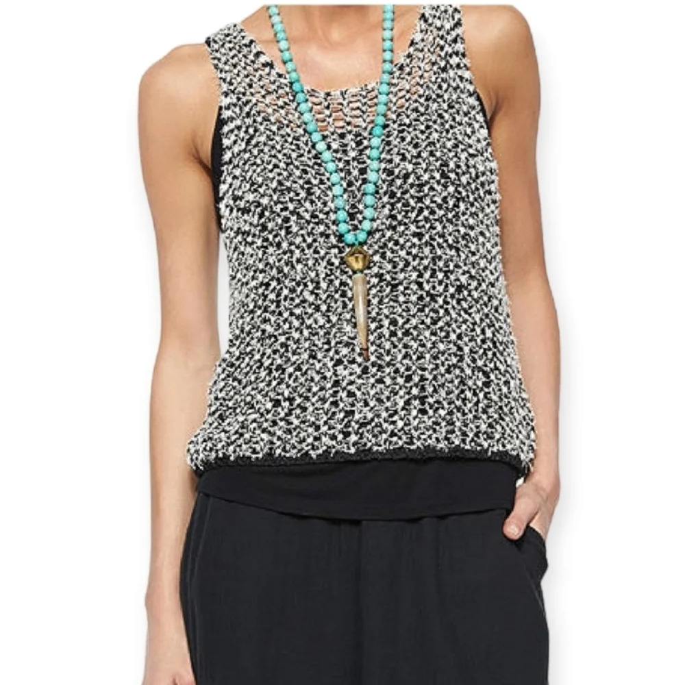 Eileen Fisher Tufted Cotton Twist Open Knit Top Black and White Chain Small
